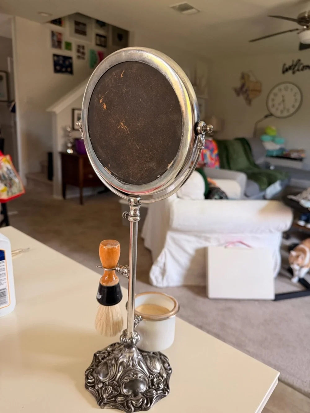 Antique Telescoping Silver Mirrored Shaving Stand & Ceramic Cup & Brush Holder